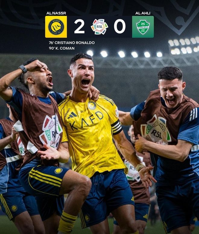 C罗头槌破门独造一球，助球队2-0掀翻亚冠冠军，个人职业生涯总进球数突破970大关，联赛豪取16连胜以8分优势强势领跑积分榜